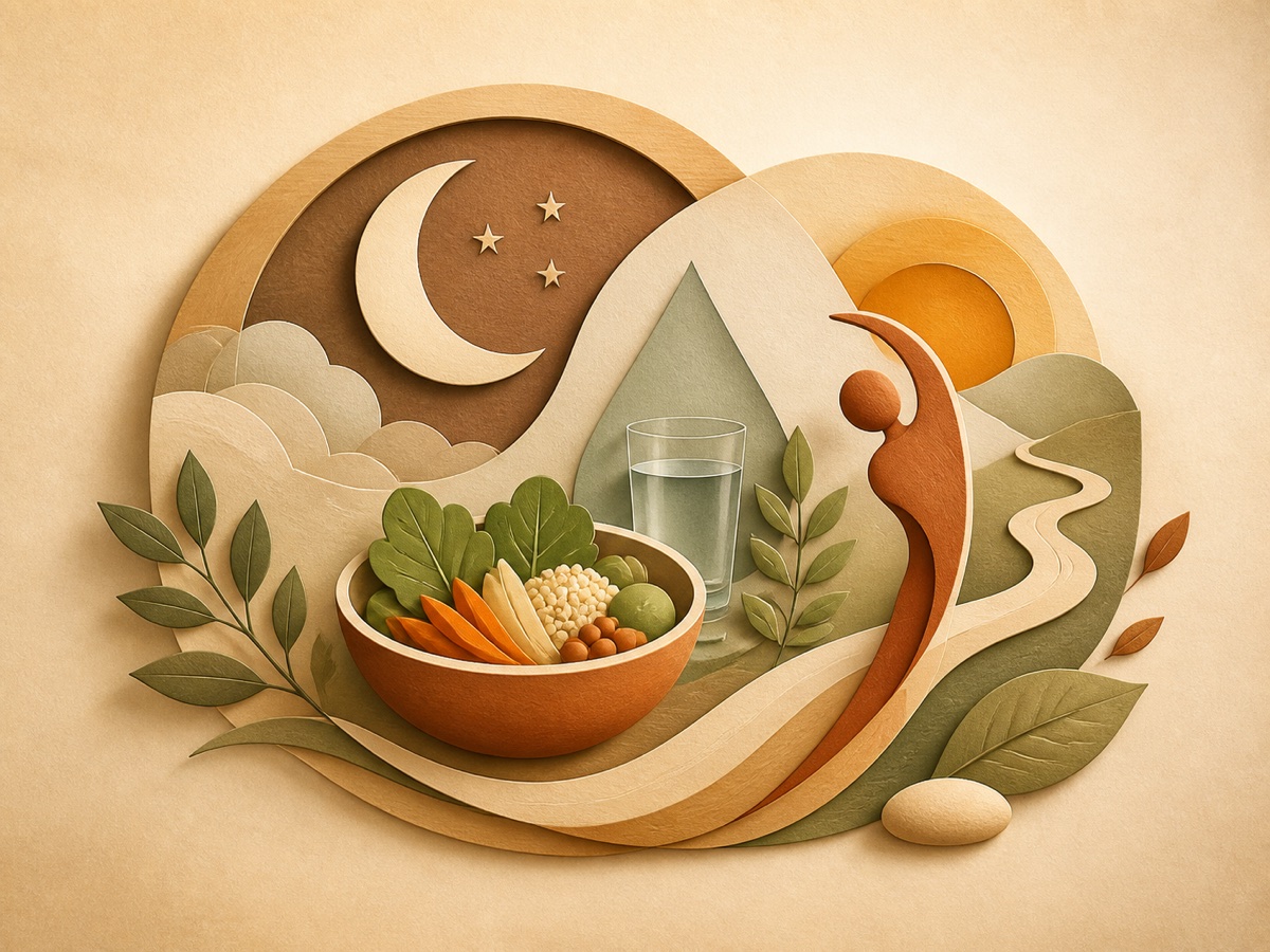 An abstract illustration representing nutrition, hydration, sleep and movement