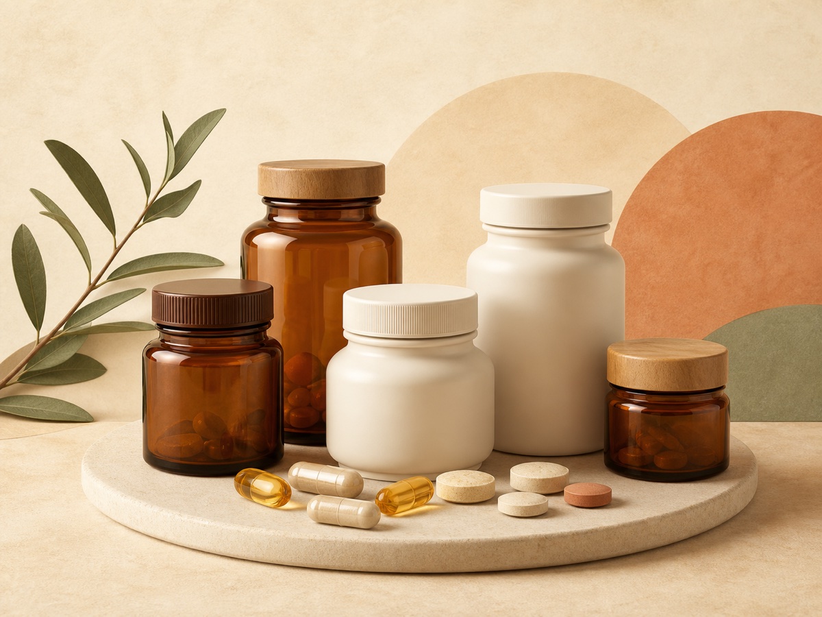 An illustrated arrangement of supplement jars, capsules and tablets